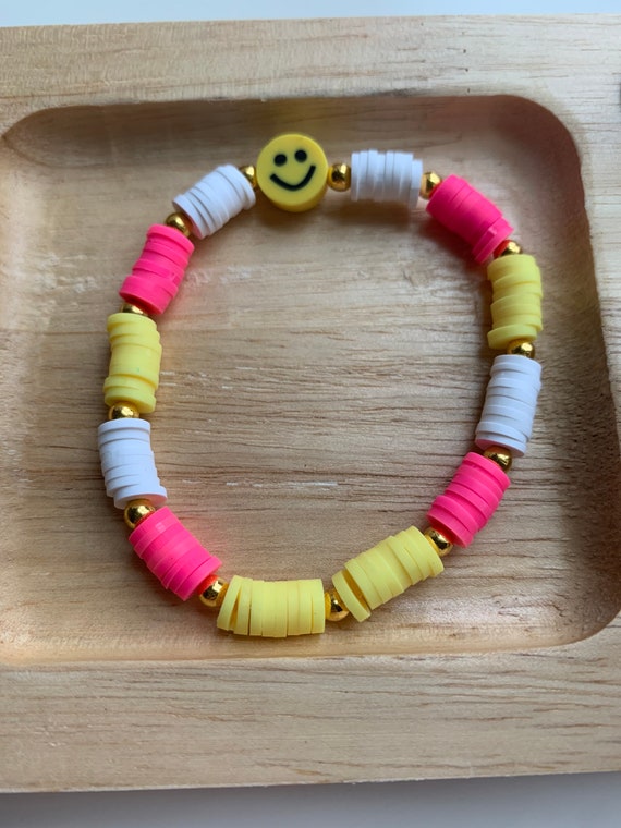 Yellow Clay Beaded Smiley Bracelet