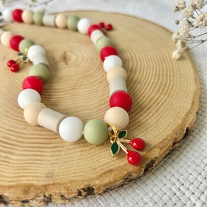 Handmade EM-Ceramic Tick Dog Collar: Silicone Beads, Cherry Pendant