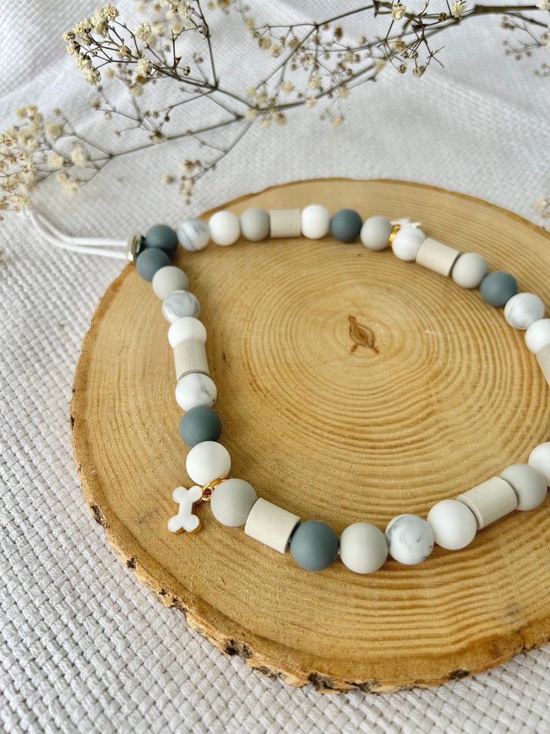 Anti Tick Dog Collar Natural, EM-Ceramic Silicone Beaded Necklace, White & Grey with Paw Charm, Chemical-Free Flea Tick Protection, Handmade image 8
