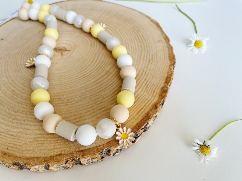 Anti Tick Dog Collar Natural, EM-Ceramic Silicone Beaded Necklace, Daisy Flower Charm Collar, Yellow Spring Beads, Chemical-Free Handmade image 5