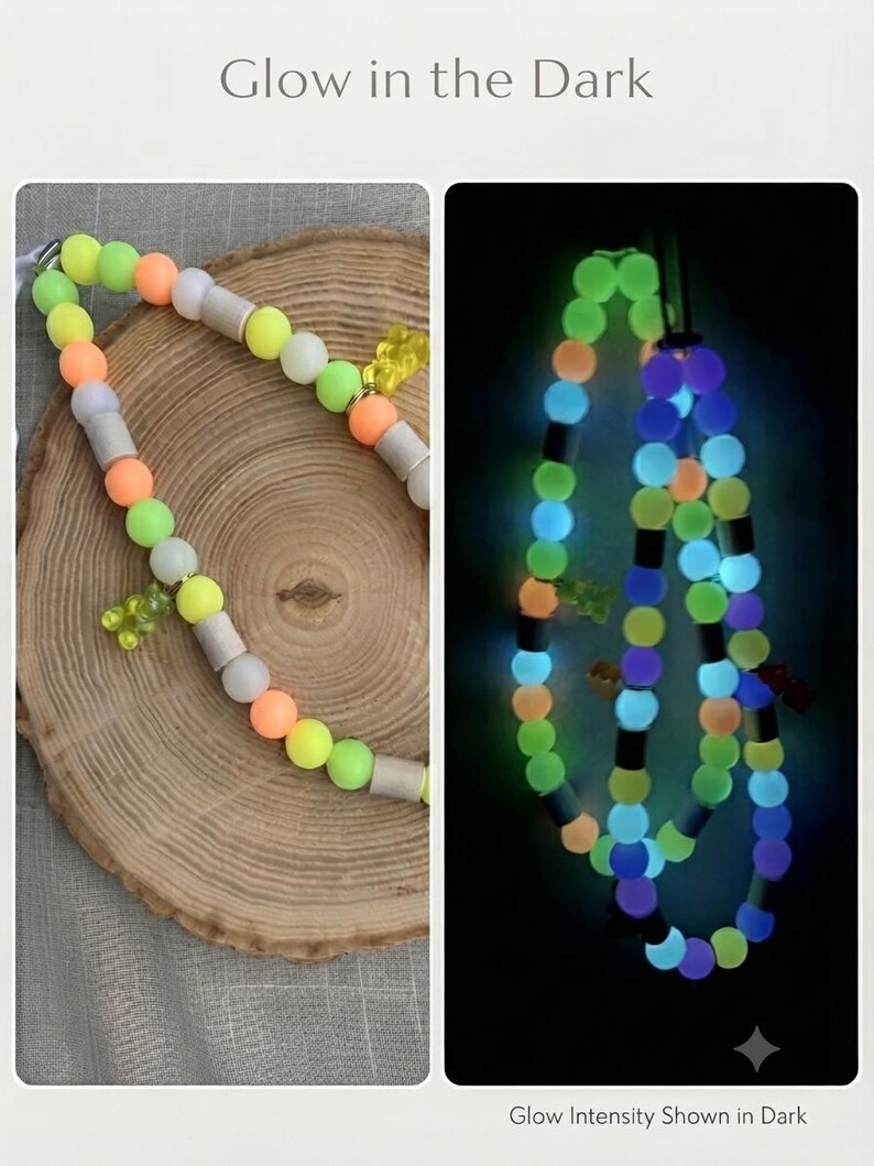 May include: A beaded necklace featuring round neon yellow, orange, and matte grey beads with small translucent yellow bear charms. The text Glow in the Dark appears at the top, and the beads emit a bright blue, green, and purple glow in the dark.