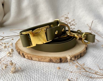 Biothane Adjustable Dog Collar Set with Leash - Olive and Gold