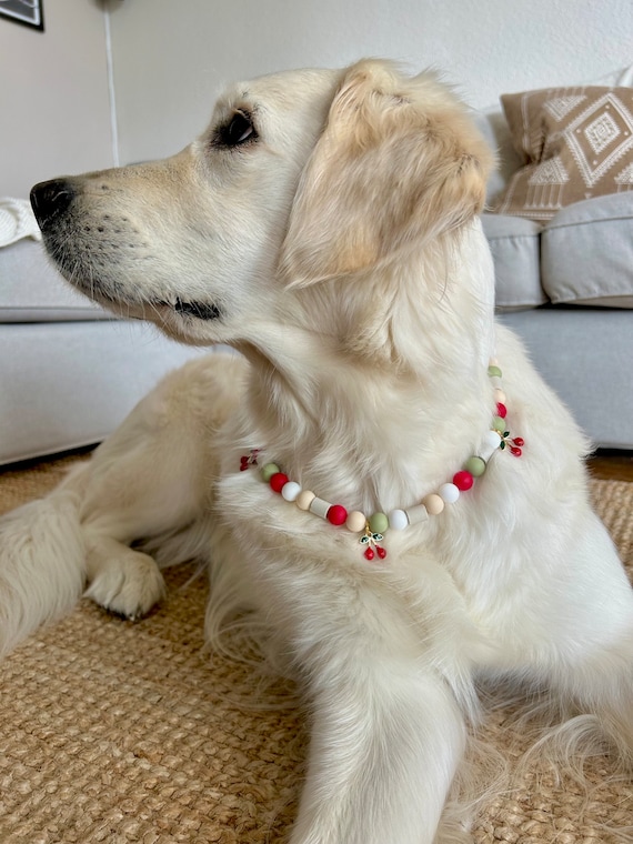 Anti Tick Dog Collar Natural, EM-Ceramic Silicone Beaded Necklace, Cherry Charm Summer Collar, Red & Green Beads, Chemical-Free Handmade