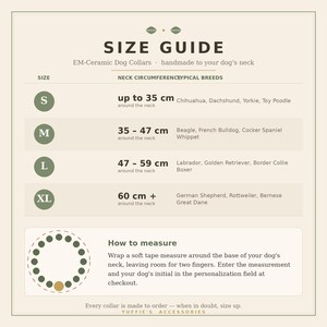 May include: A size guide chart for EM-Ceramic dog collars with a beige background. It lists sizes S, M, L, and XL with neck circumference measurements in centimeters and corresponding dog breeds. Includes a How to measure section with a circular diagram.