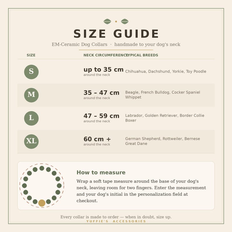 May include: A size guide chart for EM-Ceramic dog collars with a beige background. It lists sizes S, M, L, and XL with neck circumference measurements in centimeters and corresponding dog breeds. Includes a How to measure section with a circular diagram.