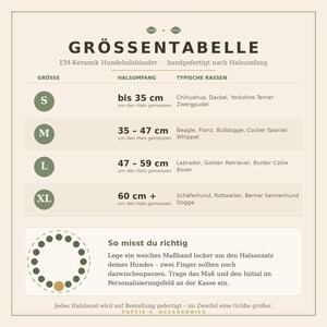 May include: A size chart for EM ceramic dog collars with the title GR&Ouml;SSENTABELLE. It lists sizes S, M, L, and XL with neck measurements in centimeters and corresponding dog breeds. Includes instructions on how to measure a dog's neck for a collar.