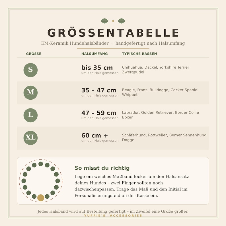 May include: A size chart for EM ceramic dog collars with the title GR&Ouml;SSENTABELLE. It lists sizes S, M, L, and XL with neck measurements in centimeters and corresponding dog breeds. Includes instructions on how to measure a dog's neck for a collar.