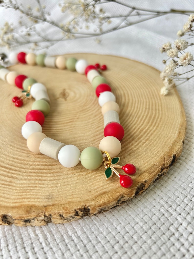 Anti Tick Dog Collar Natural, EM-Ceramic Silicone Beaded Necklace, Cherry Charm Summer Collar, Red & Green Beads, Chemical-Free Handmade image 8