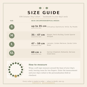 May include: A size guide chart for EM-Ceramic dog collars with a beige background. It lists sizes S, M, L, and XL with neck circumference measurements in centimeters and corresponding dog breeds. Includes a How to measure section with a circular diagram.