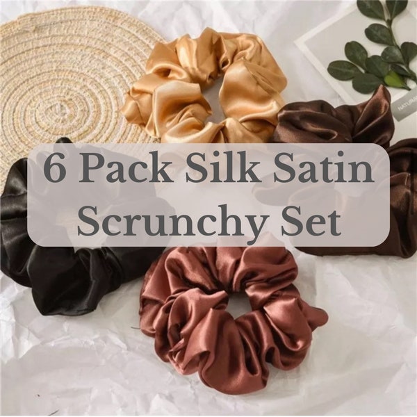 6-Pieces Silk-Satin Hair Scrunchy Value Set | Neutral Color Scrunchies | Ponytail Holders, Scrunchie Hair Ties | Gift for Her