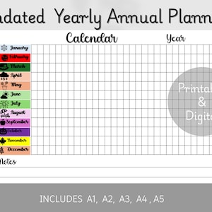 May include: A black and white printable and digital undated yearly annual planner with a calendar grid and a notes section. The calendar grid has a column for each month of the year and a row for each week. The notes section is at the bottom of the page. The planner includes sizes A1, A2, A3, A4, and A5.