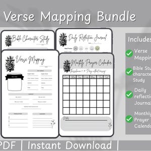 Könnte beinhalten: Ein druckbares Bündel christlicher Glaubens-basierter Ausdrucke, darunter ein Vers-Mapping-Arbeitsblatt, eine Bibelstudien-Charakterstudie, ein tägliches Reflexionsjournal und ein monatlicher Gebetskalender. Die Ausdrucke sind schwarzweiß mit einem schlichten Design.