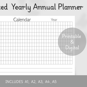 May include: A black and white printable and digital undated yearly annual planner with a calendar grid and space for notes. The calendar includes icons for each month. The planner is available in sizes A1, A2, A3, A4, and A5.