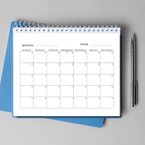 May include: A blank monthly calendar page with a white background and black text. The calendar has spaces for each day of the week, including Sunday, Monday, Tuesday, Wednesday, Thursday, Friday, and Saturday. The calendar also has spaces for the month and year.