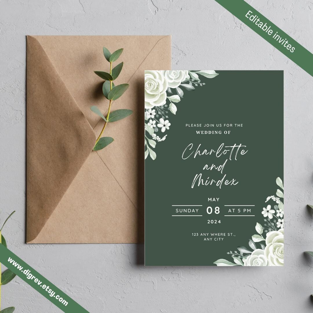 Sage Green Floral Wedding Invitation Set, Elegant Botanical Design - Etsy
