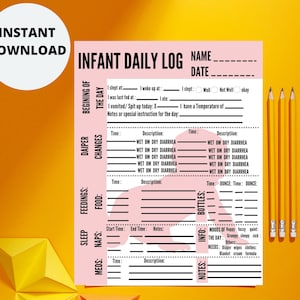 乳児の毎日のログ | 印刷可能な乳母のログ | 毎日の乳児のケアシート | 介護者、ベビーシッターのログ | 赤ちゃんのログ | 授乳トラッカー PDF の即時ダウンロード