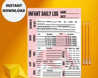 May include: A printable pink and white infant daily log sheet with sections for sleep, feedings, diaper changes, meds, naps, bottles, and notes. The sheet includes a cute pink baby elephant illustration.