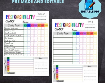 Kids Chore Chart | Kids Chore list | chore Chart for kids | Responsibility Chart |  Kids chore checklist | Editable, PDF, Printable