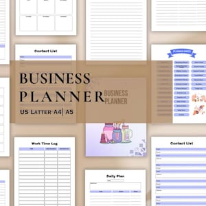 Op de afbeelding: Een business planner met diverse pagina's, waaronder een maandplanner, weekplanner, contactlijst en werktijdlogboek. De omslag leest "BUSINESS PLANNER" met "US LETTER A4 A5" eronder. Pagina's hebben blauwe en witte accenten.
