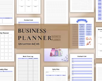 May include: A business planner with various pages, including a monthly planner, weekly plan, contact list, and work time log. The cover reads "BUSINESS PLANNER" with "US LETTER A4 A5" below. Pages have blue and white accents.