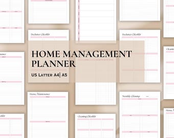 Puede incluir: Un planificador de gestión del hogar con páginas de listas de verificación y planificación. Disponible en tamaños US Letter, A4 y A5. Diseño limpio con acentos rosas. El texto "HOME MANAGEMENT PLANNER" es visible.