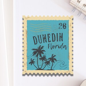 Adesivo timbro spiaggia Dunedin, Florida per laptop / Palme blu Vacanze estive Souvenir Decalcomania unica per album