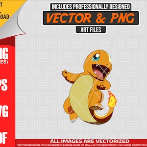 May include: A digital illustration of a cartoon orange and yellow Pokemon character with a flame tail. The character is in a jumping pose with its mouth open and its eyes wide. The background is a light gray with a pattern of white lines.