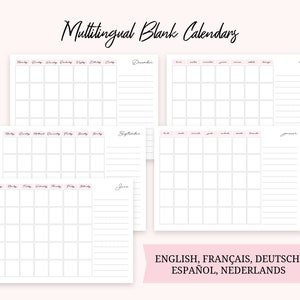 ELEGANT PLANNER / Printable Monthly Blank Calendar / Multilingual ...