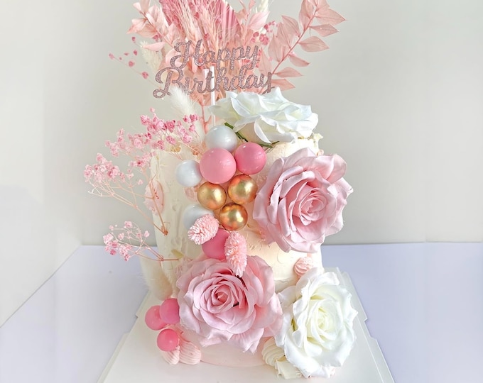 Pink Gold Cake Topper Set with Pink Gold Palm Spears | Dried flowers | Cake Balls and Rose for Cake Decor | Happy Birthday Cake Topper