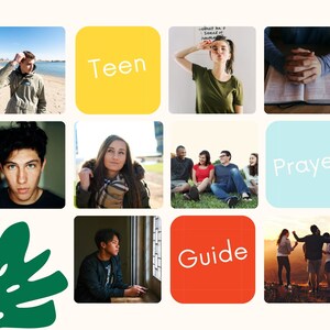 Könnte beinhalten: Eine Collage aus Bildern, die Teenager und Gebet zeigen. Die Bilder zeigen eine Gruppe von Teenagern, die auf einem grasbewachsenen Hügel sitzen, eine junge Person, die mit gefalteten Händen betet, und eine junge Person, die ein Schild mit der Aufschrift "what has a neck but no head" hält. Die Collage enthält auch die Wörter "Teen", "Prayer" und "Guide" in bunten Kästchen.