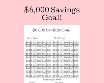 6,000 Savings Goal / 6,000 Savings Challenge / Savings Tracker / Savings Printable Planner / Goal Tracker / Digital Printable