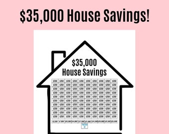 Pode incluir: Uma ilustração em preto e branco de uma casa com uma grade no interior. A grade é etiquetada com quantias em dólares, começando em $ 3.500 e aumentando em $ 3.500 até um total de $ 35.000. O texto "$35,000 House Savings!" está no topo da imagem. O texto "You Did It!" está na grade. O texto "NicolaDigitalDesigns" está na parte inferior da imagem.