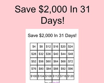 2,000 Money Saving Challenge Printable / Save 2,000 In 31 Days / Savings Tracker / Savings Printable Planner / Digital Printable