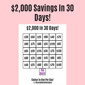 May include: A black and white printable chart with a grid of 30 squares. Each square contains a dollar amount, ranging from $20 to $140. The chart is titled "$2,000 In 30 Days!" and includes the text "You Did It!" and "Colour In One Per Day!"  © NicolaDigitalDesigns