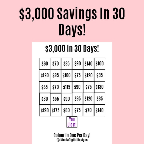 3,000 Money Saving Challenge Printable / Save 3,000 in 30 Days / Savings Tracker / Savings Printable Planner