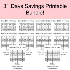 May include: A printable chart with a pink background and black text. The chart is divided into ten sections, each with a different savings goal. The savings goals range from &pound;500 to &pound;5,000. Each section has a table with 31 days and a corresponding amount to save each day. The chart also includes a section for "Colour In One Per Day!" with a space to colour in a circle each day.
