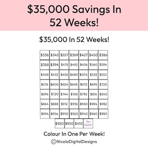 35,000 Money Saving Challenge Printable / Save 35,000 in 52 Weeks / Savings Tracker / Savings Printable Planner / Weekly Savings Challenge