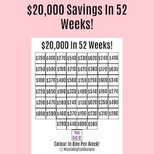 20,000 Money Saving Challenge Printable / Save 20,000 in 52 Weeks / Savings Tracker / Savings Printable Planner