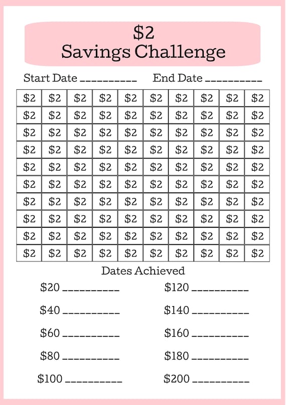 2 Dollar Savings Challenge Printable / 2 Dollar Challenge Fits A6