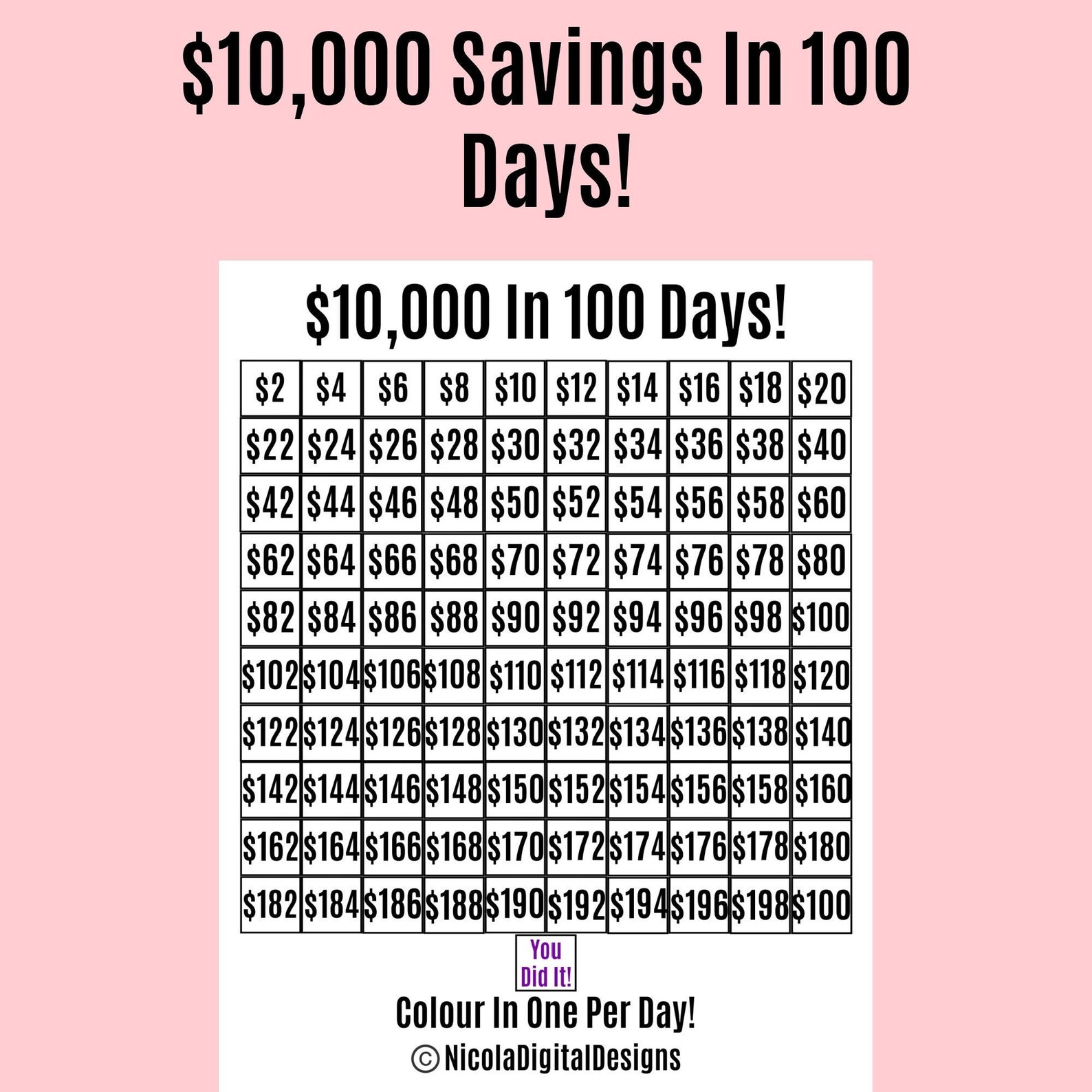 10 000 Money Saving Challenge Printable / Save 10 000 in 100 Days 10 000 Money Saving Challenge Printable / Save 10 000 in 100 Days