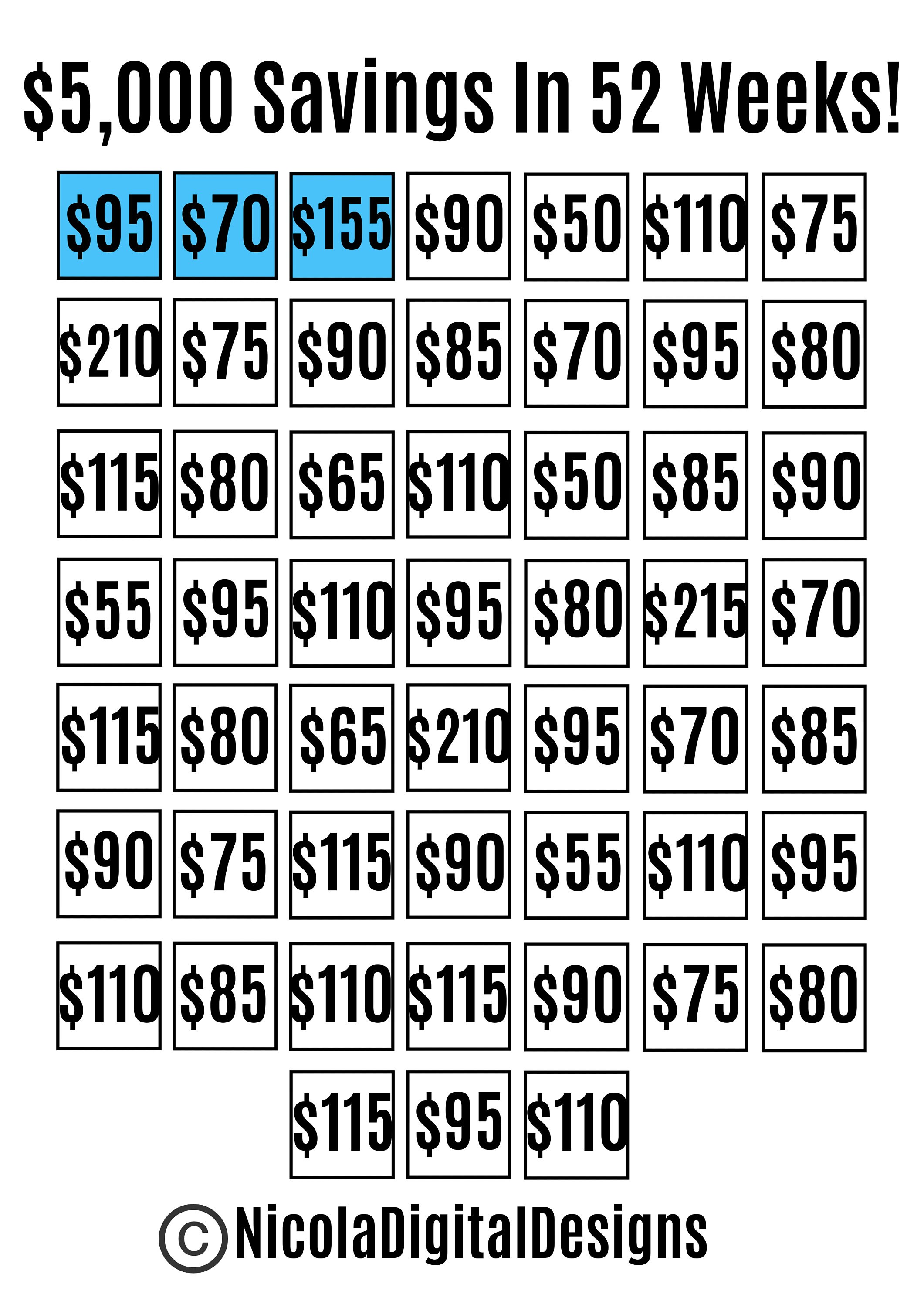 5000 Money Saving Challenge Printable Save 5000 In 52 Weeks Savings