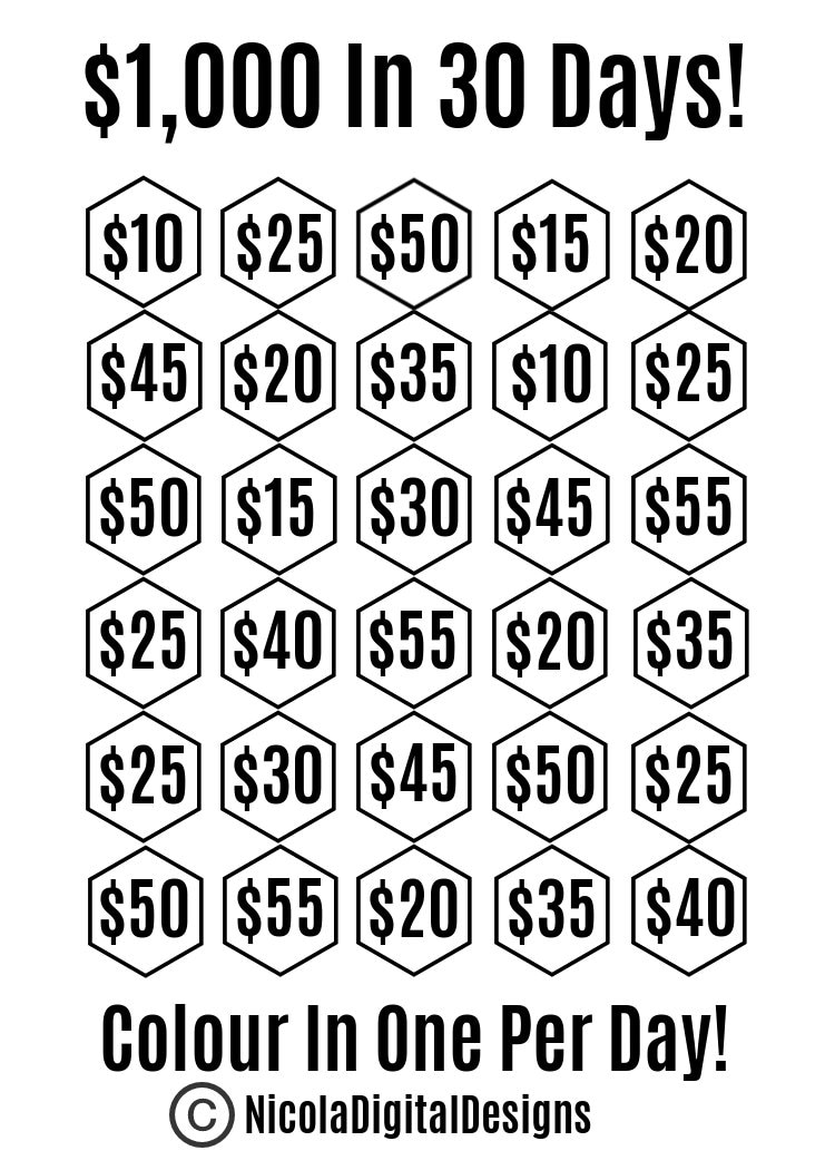 1000 Money Saving Challenge Printable / Save 1000 in 30 Days! / Savings ...