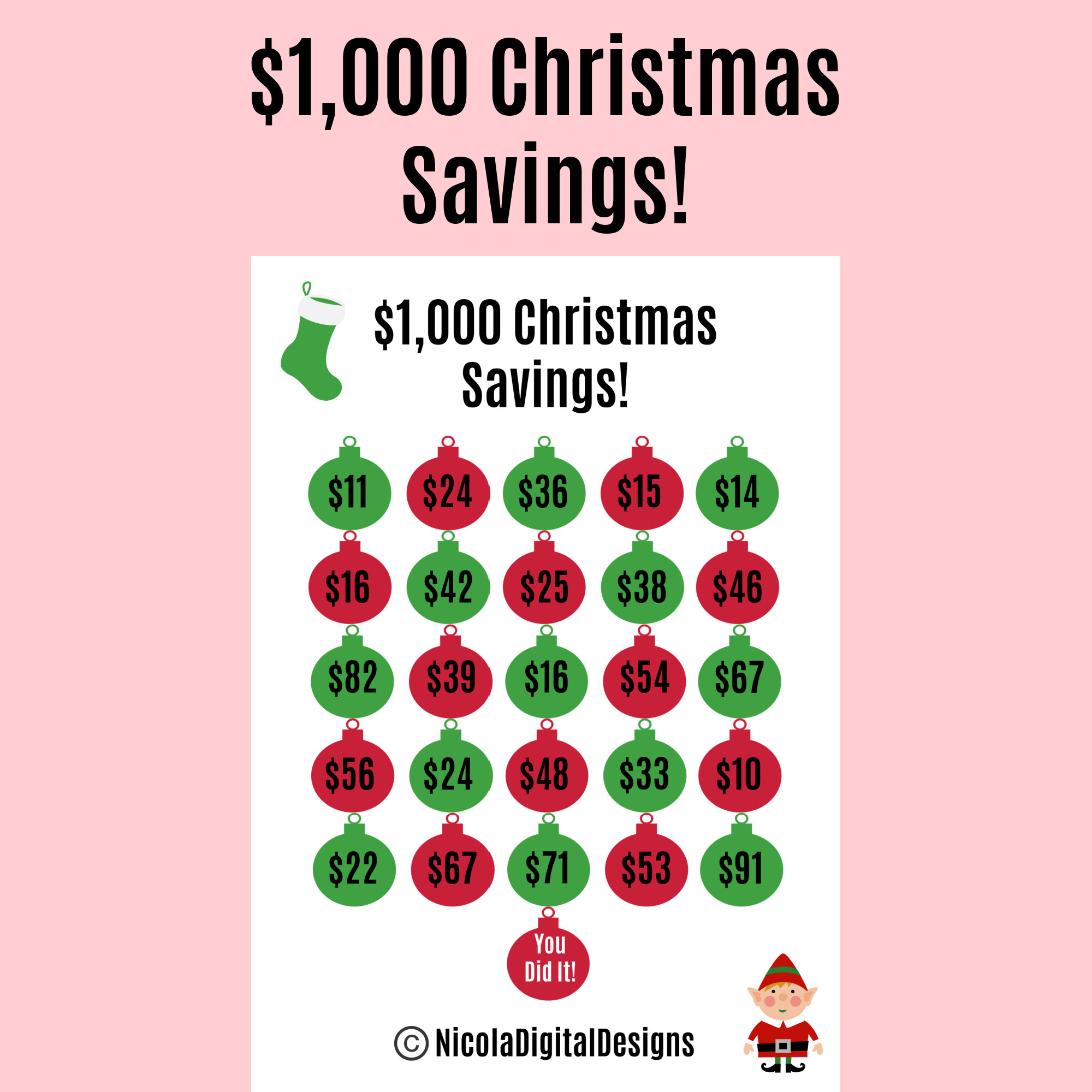 1,000 Christmas Savings Printable, 1,000 Money Saving Challenge