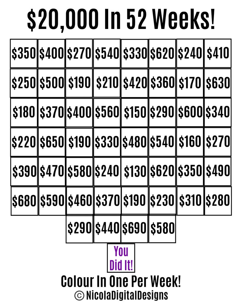 Buy 20,000 Money Saving Challenge Printable / Save 20,000 in 52 Weeks