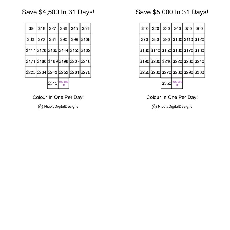 May include: A printable chart to help save money. The chart is divided into 31 squares, each with a pound sterling amount. The chart is designed to be coloured in one square per day. The chart is titled "Save &pound;4,500 in 31 Days!" and "Save &pound;5,000 in 31 Days!"