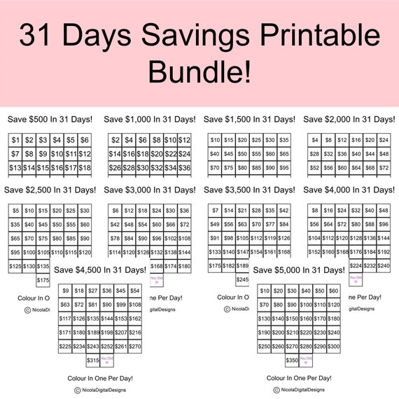 31 Days Savings Printable Bundle / Money Saving Challenge / Savings Tracker Printable / Savings Tracker Bundle / Savings Printable Planner