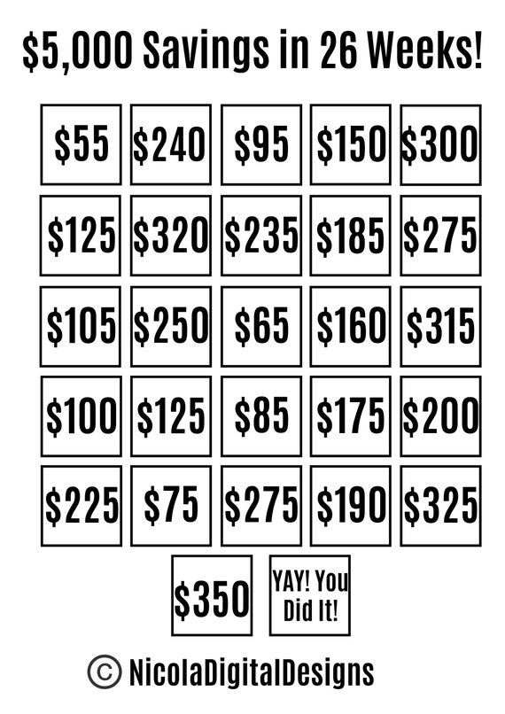 5000 Money Saving Challenge Printable / Save 5000 In 26 Weeks - Etsy