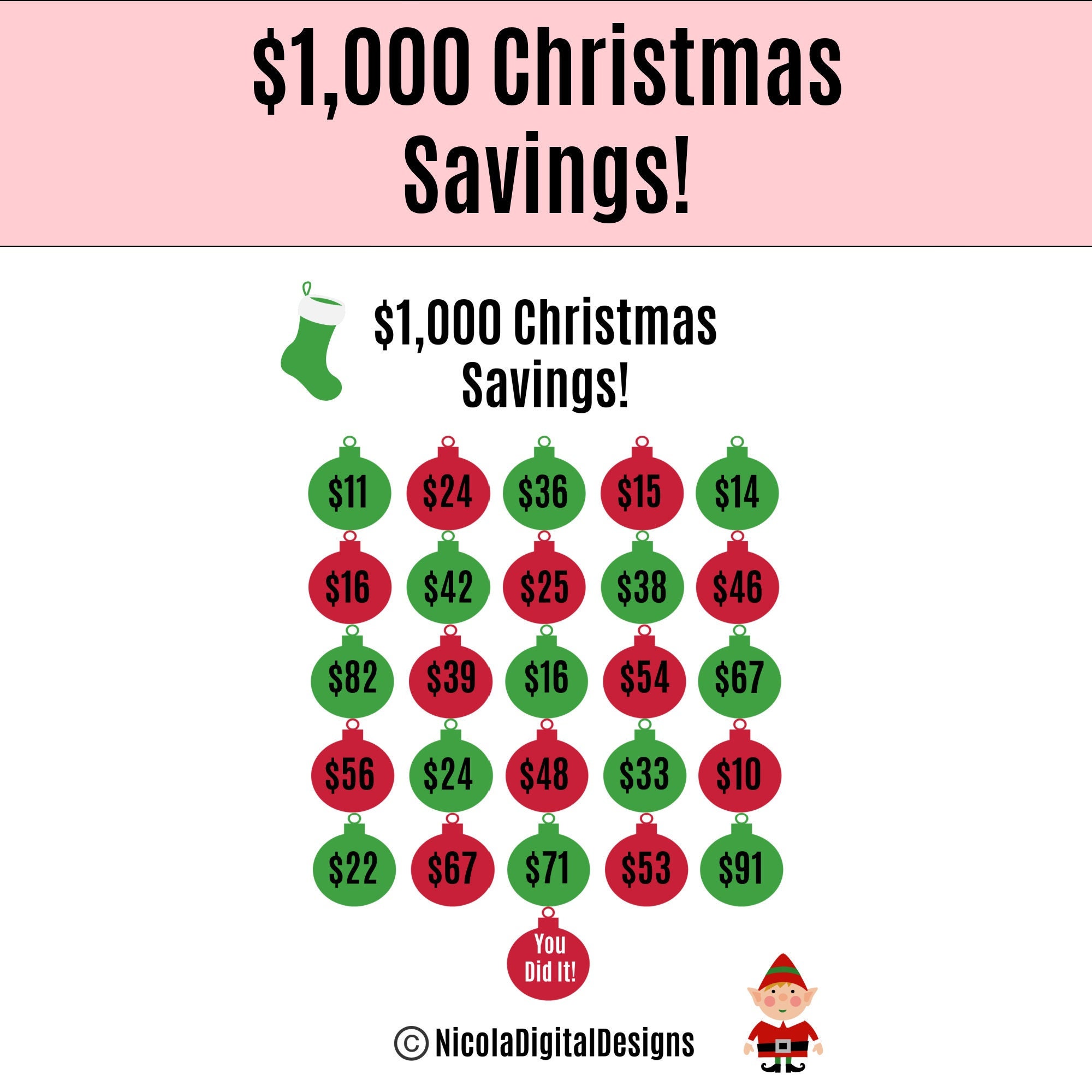 1,000 Christmas Savings Printable, 1,000 Money Saving Challenge