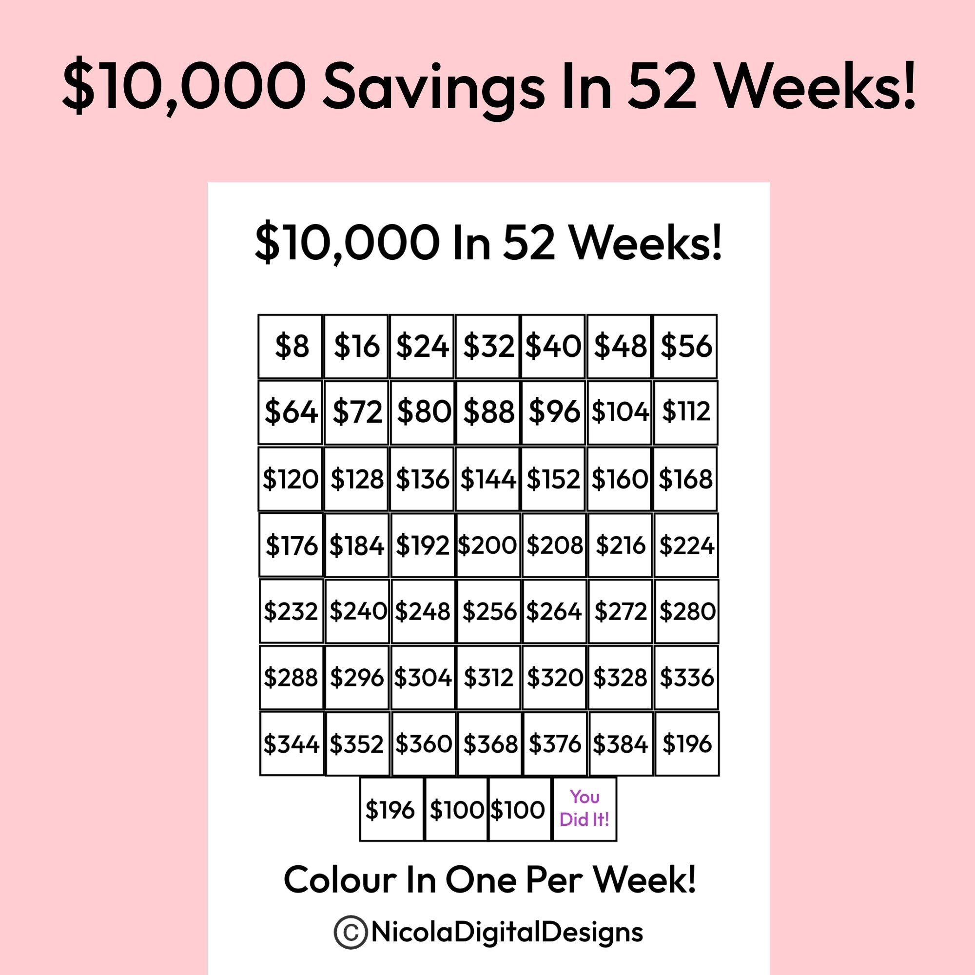 10,000 Money Saving Challenge Printable / Save 10,000 in 52 Weeks ...