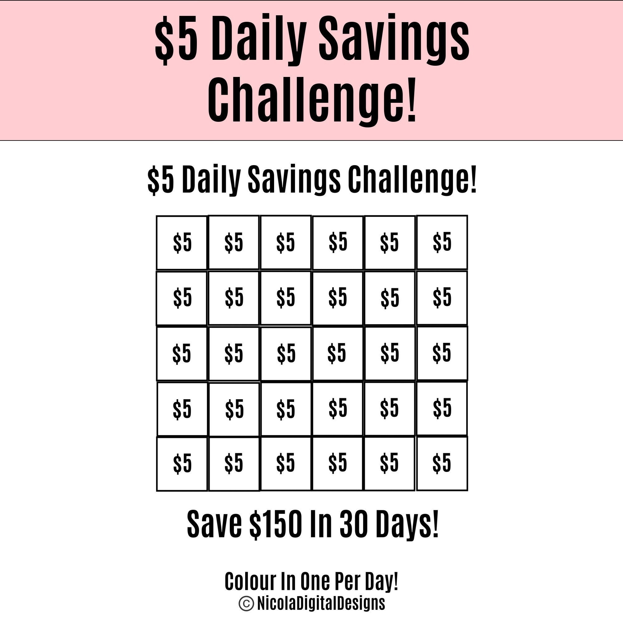 5 Daily Savings Challenge / Save 150 in 30 Days / Savings Tracker